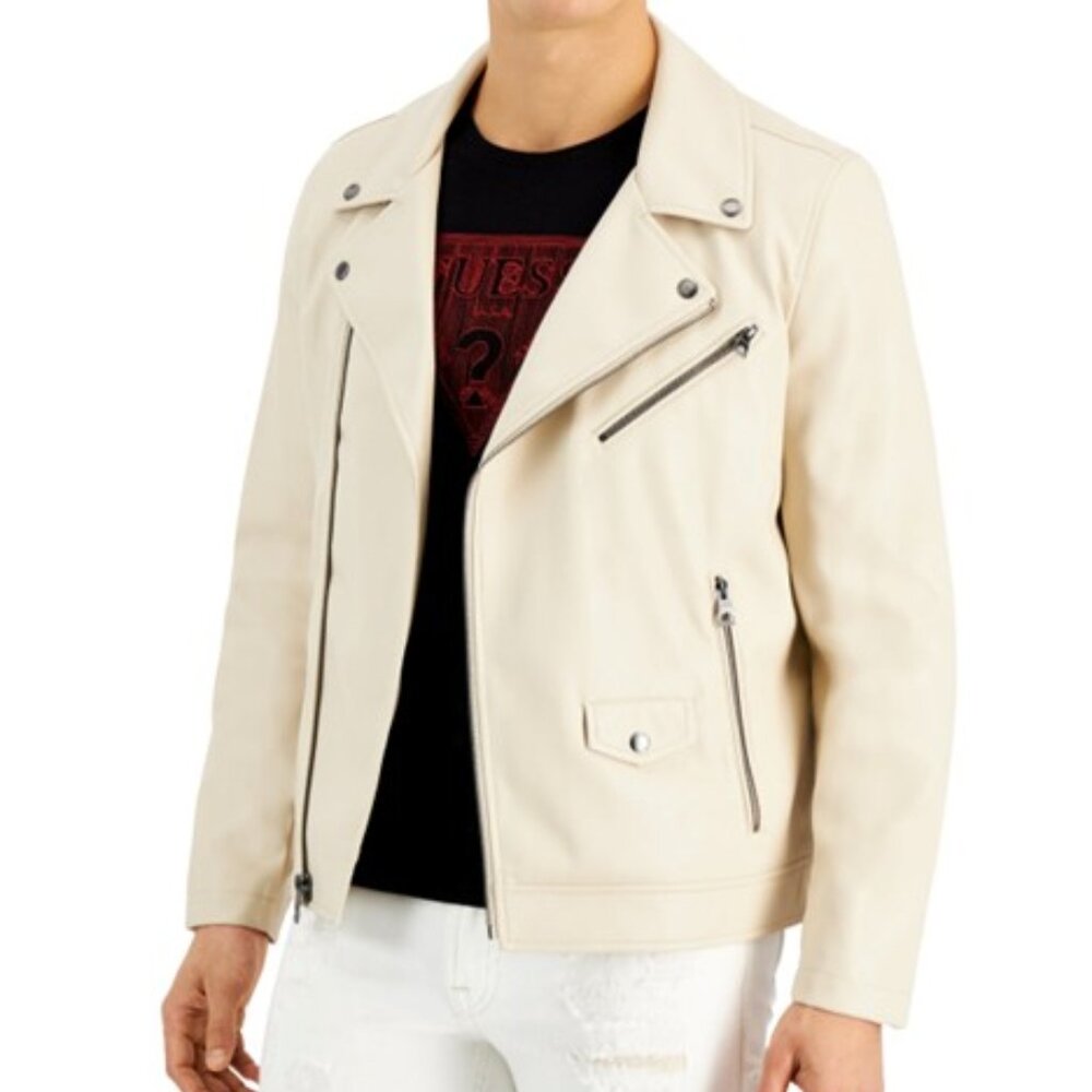 Guess Moto Jacket Faux Leather Vegan Coat Stone Beige Men’s Size Large NEW